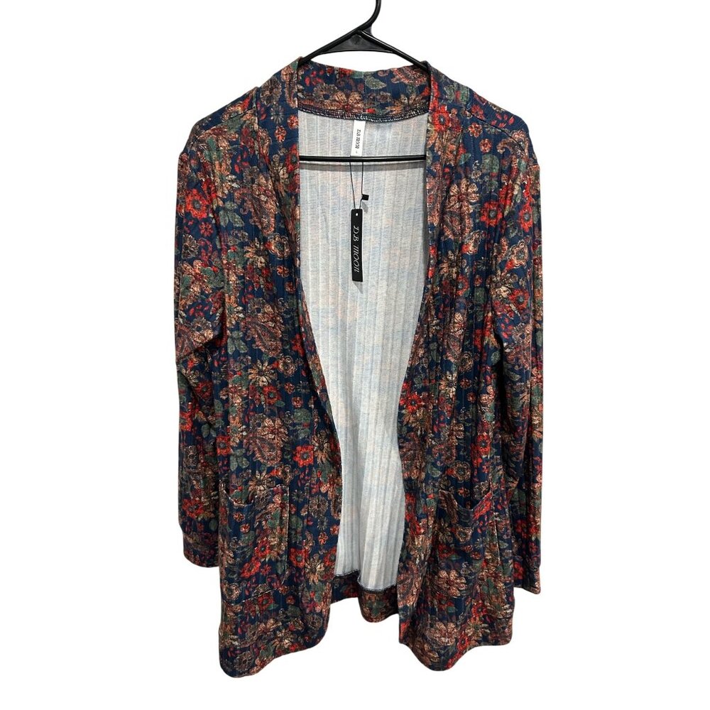 DB Moon Floral Print Open Cardigan 3/4 Sleeve Pockets Size Large Boho Chic NWT
